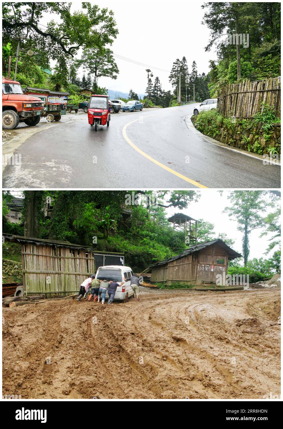 210509 -- GUIYANG, 9. Mai 2021 -- in diesem Kombi-Foto fährt ein Dorfbewohner ein Dreirad entlang der neu asphaltierten Straße in Jiabang Terrassenfeldern im Congjiang County, südwestchinesische Provinz Guizhou, 4. Mai 2021 oben, Foto aufgenommen von , und Dorfbewohner helfen einem Auto, auf einer matschigen Straße in Jiabang Terrassenfeldern zu fahren, auf dem 2011 Foto von Mo Xiaoshu gemacht wurde. Hartnäckiges nasses Wetter bedeckt die Terrassen an den meisten Morgen mit einer Decke aus Wolken und Nebel. Die traumhafte Landschaft ist das, was Sie sich vorstellen können und auf Bildern, die von Mo Xiaoshu aufgenommen wurden. MO, ein 39-jähriger Beamter, hat mehr als 100.000 Aufnahmen gemacht Stockfoto