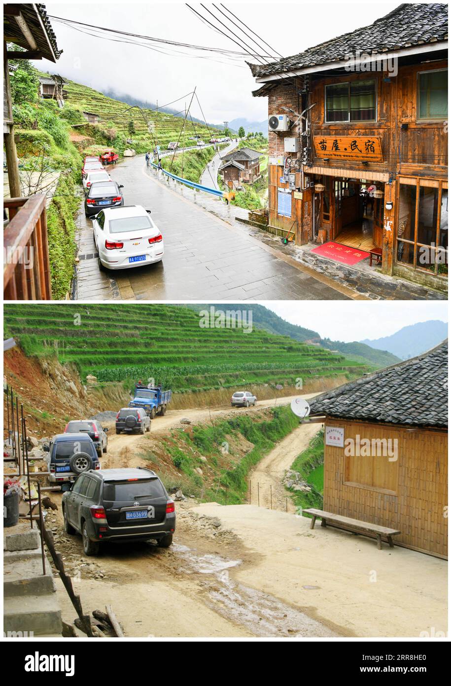 210509 -- GUIYANG, 9. Mai 2021 -- auf diesem Kombi-Foto parken Touristen ihre Autos entlang der neu asphaltierten Straße in Jiabang Terrassenfelder im Congjiang County, südwestchinesische Provinz Guizhou, 4. Mai 2021 oben, Foto aufgenommen von , und Touristen fahren Autos auf einer unbefestigten Straße in Jiabang Terrassenfeldern im Jahr 2011 Foto von Mo Xiaoshu. Hartnäckiges nasses Wetter bedeckt die Terrassen an den meisten Morgen mit einer Decke aus Wolken und Nebel. Die traumhafte Landschaft ist das, was Sie sich vorstellen können und auf Bildern, die von Mo Xiaoshu aufgenommen wurden. MO, ein 39-jähriger Beamter, hat mehr als 100.000 Fotos von Jiaba gemacht Stockfoto