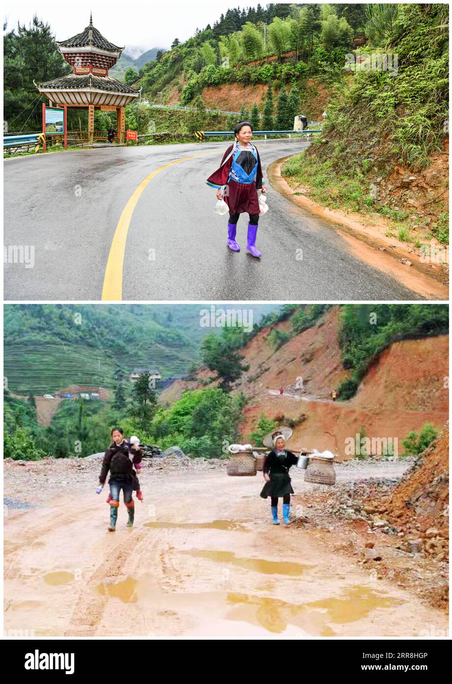 210509 -- GUIYANG, 9. Mai 2021 -- auf diesem Kombi-Foto spaziert ein Dorfbewohner entlang der neu asphaltierten Straße in Jiabang Terrassenfeldern im Congjiang County, südwestlich Chinas Provinz Guizhou, 4. Mai 2021 oben, Foto aufgenommen von , und Dorfbewohner wandern entlang einer unbefestigten Straße in Jiabang Terrassenfeldern im Jahr 2011 Foto von Mo Xiaoshu. Hartnäckiges nasses Wetter bedeckt die Terrassen an den meisten Morgen mit einer Decke aus Wolken und Nebel. Die traumhafte Landschaft ist das, was Sie sich vorstellen können und auf Bildern, die von Mo Xiaoshu aufgenommen wurden. Mo, ein 39-jähriger Beamter, hat mehr als 100.000 Fotos von der Jiabang-Terrasse gemacht Stockfoto