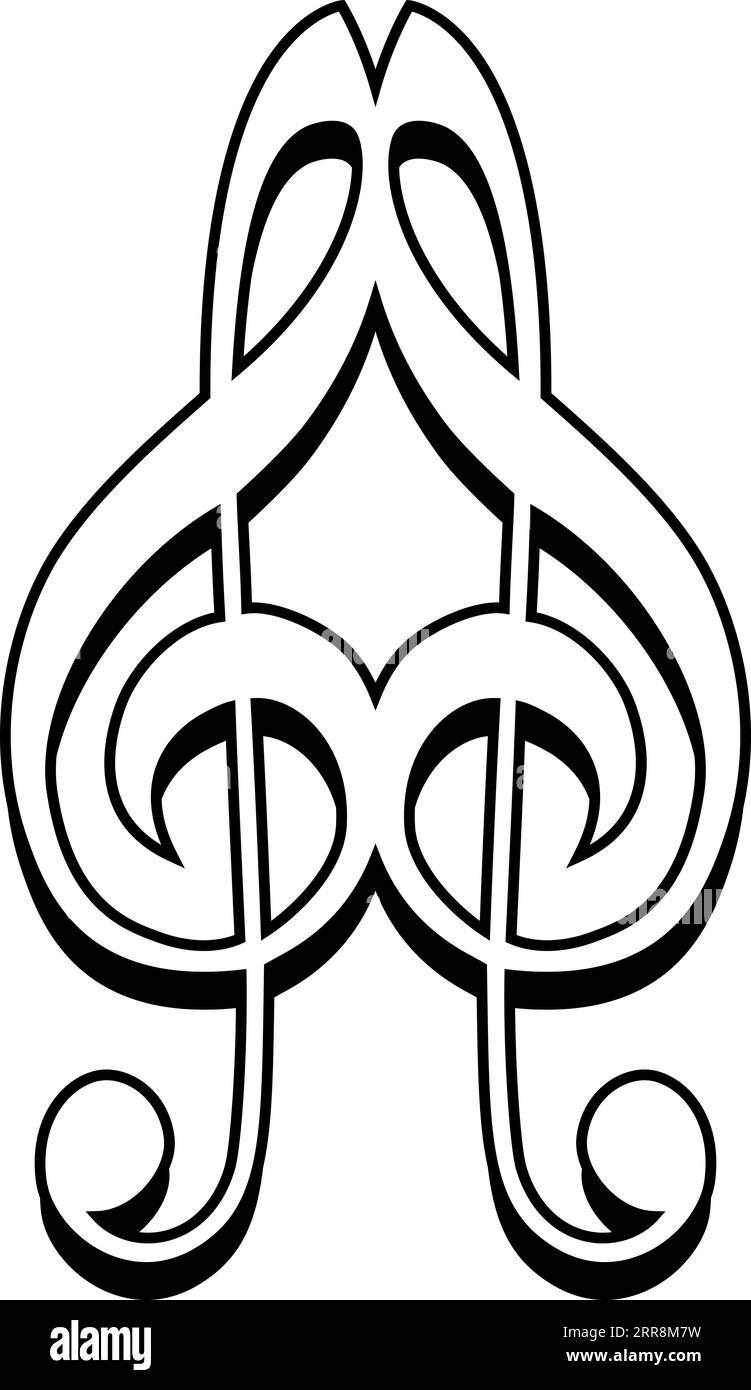 Logo-Symbol für musikalisches Liebeszeichen, zwei Höhenschlüssel bilden das Herz Stock Vektor