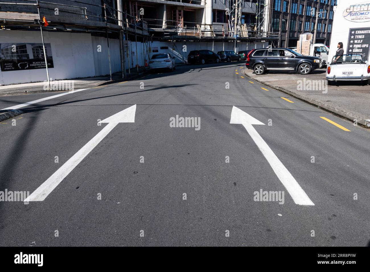 Pfeile auf der Straße, Petone, Wellington, North Island, Neuseeland Stockfoto