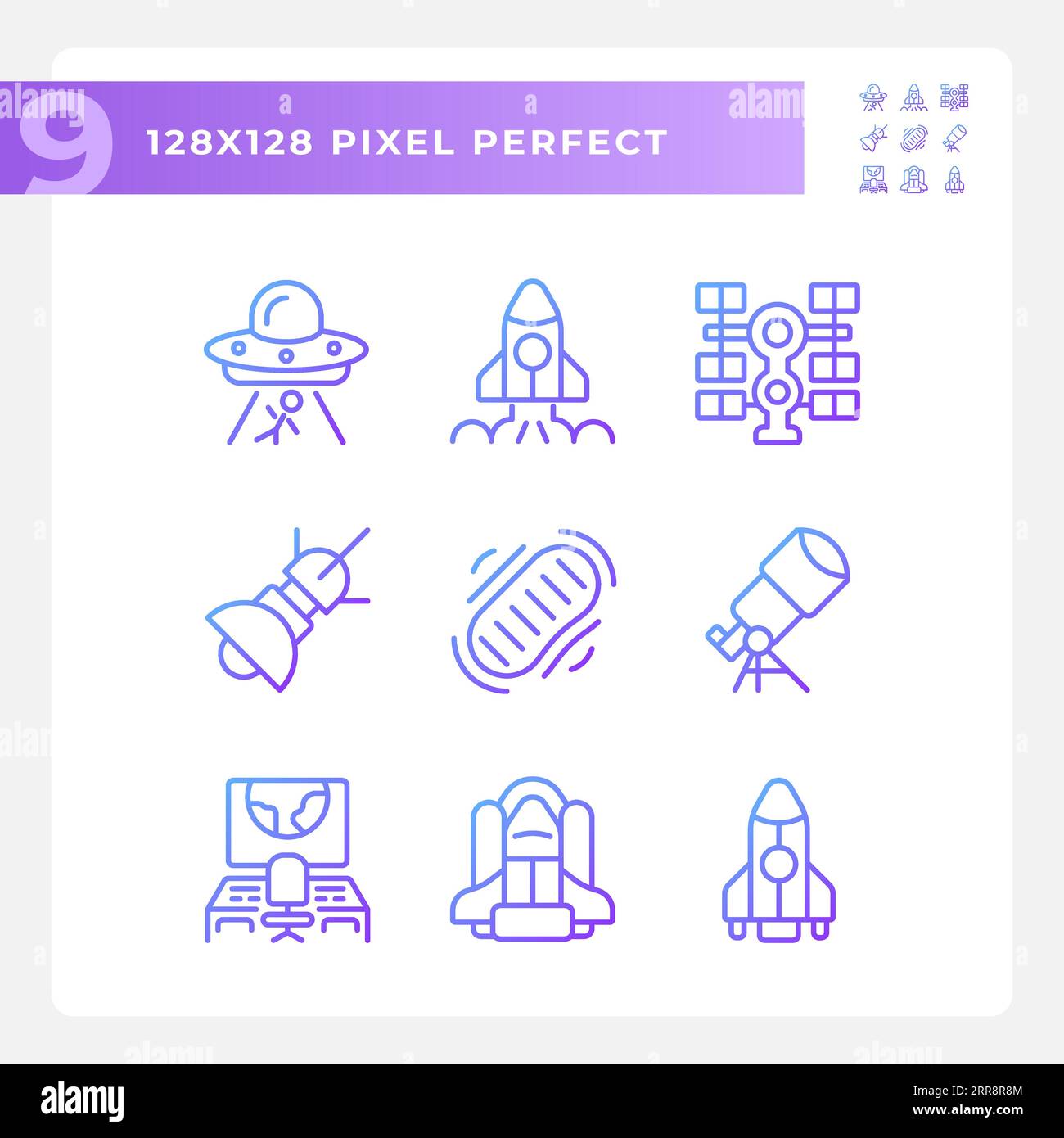 Science-Fiction-Pixel-Symbole mit perfektem Gradienten und linearen Vektoren Stock Vektor