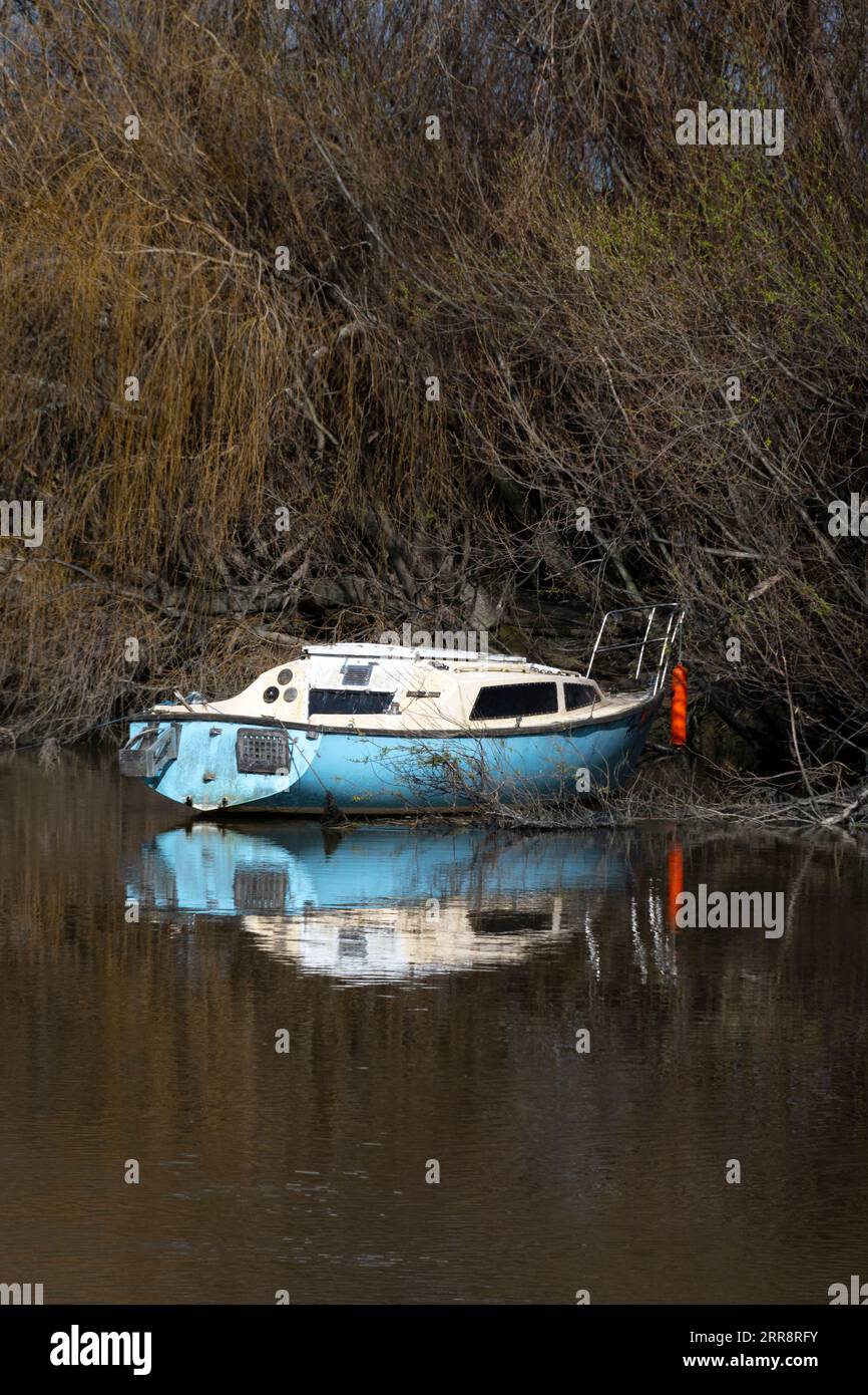 Boot am Flussufer, Manawatu River, Foxton, Manawatu, North Island, Neuseeland Stockfoto