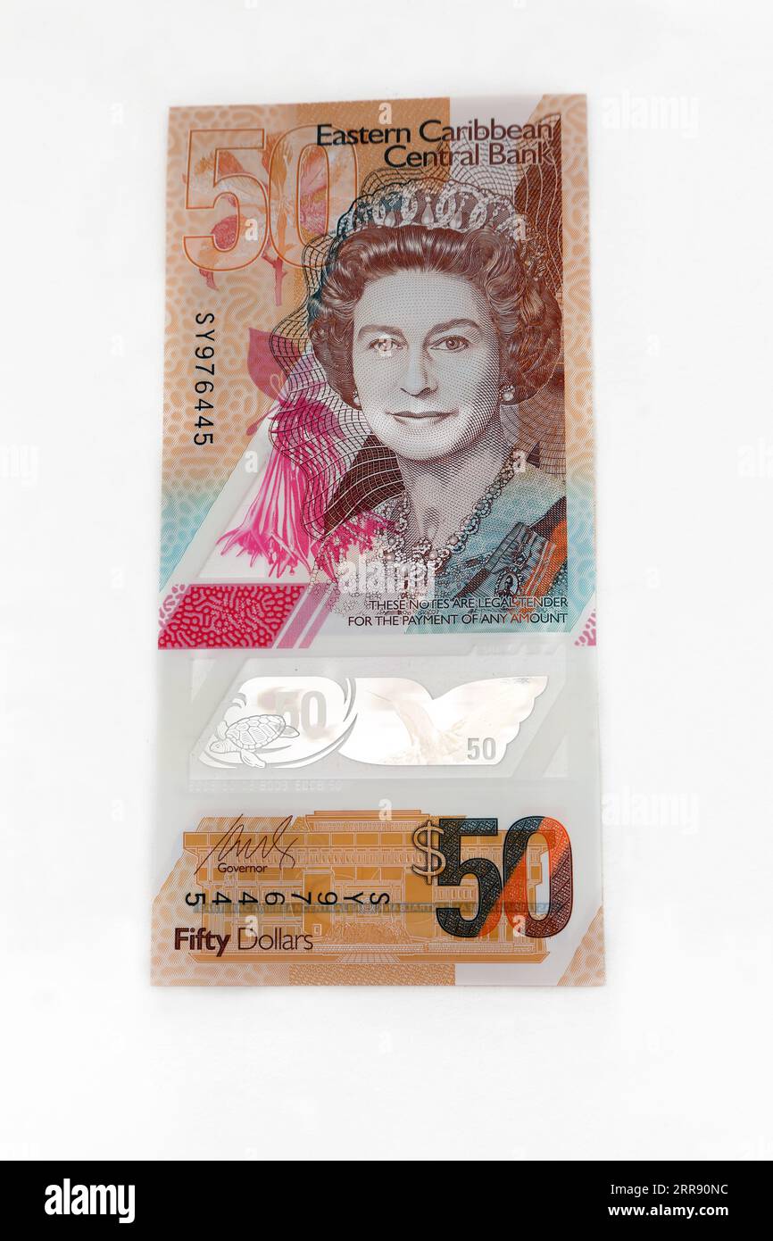 Eastern Caribbean Central Bank Polymer Dollars 2019 Ausgabe Vertical Format 50 Dollars Vorderseite mit Queen Elizabeth II Stockfoto