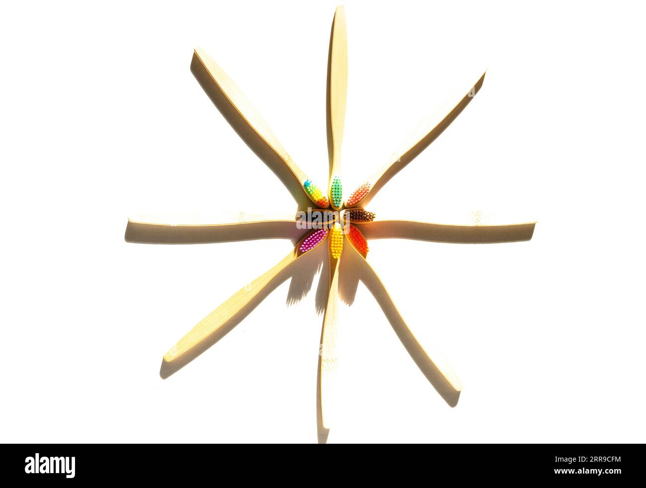 Mehrfarbige Bambuszahnbürsten. Mundhygieneprodukte aus Holz. Go Green, Zero Waste Stockfoto