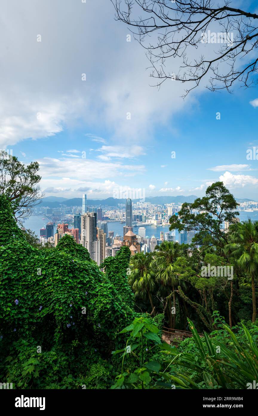 Wahrzeichen Blick auf Hong Kong Insel Downtown modernes Stadtbild am blauen Himmel tagsüber vom Victoria Gipfel hoch über den Special Administra Stockfoto