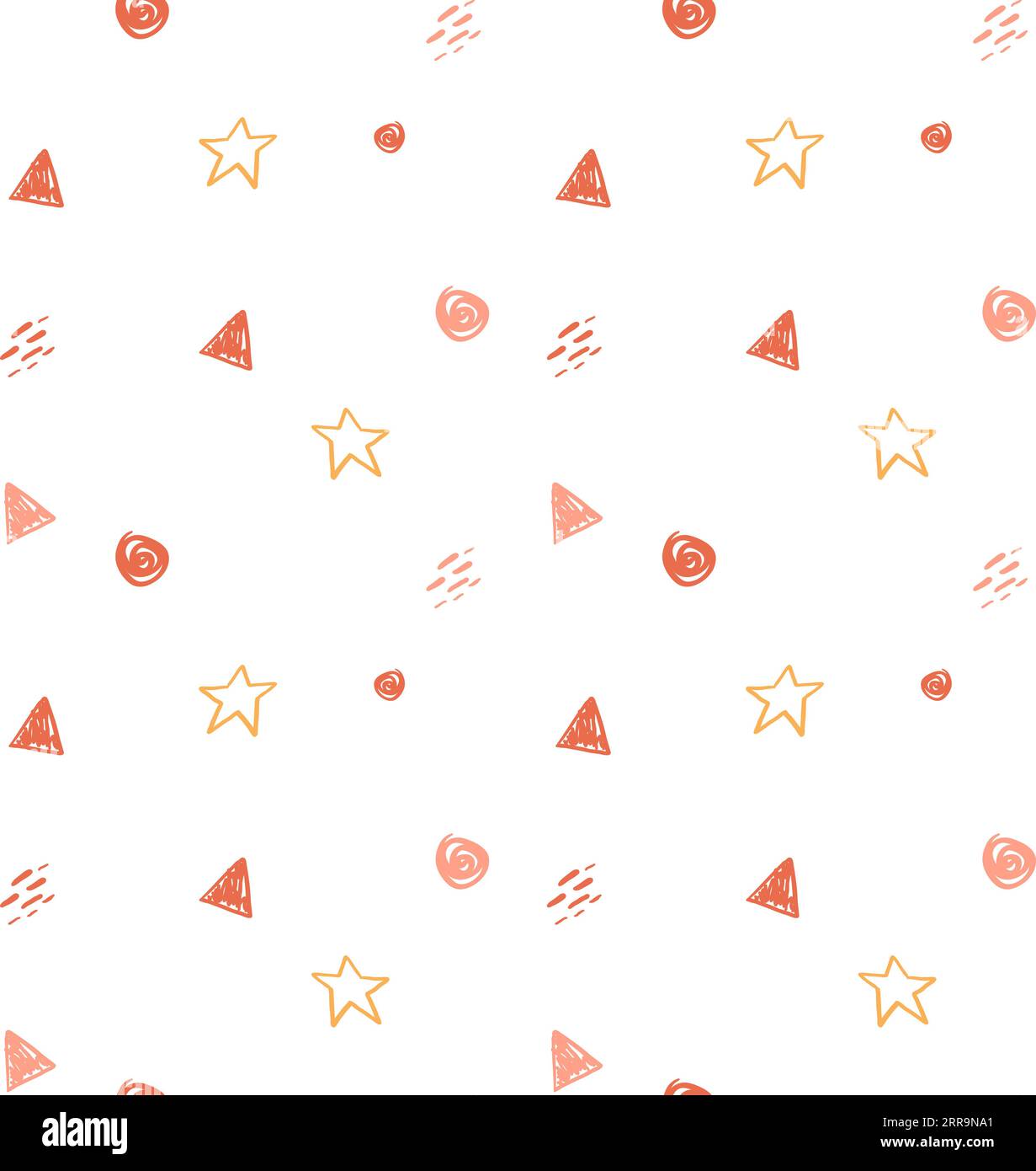 Von Hand gezeichnetes nahtloses Muster mit zarten gelben Sternen und süßen, kindischen Elementen in Orange Pink. Doodle-Kindersymbole in schönem Muster isoliert auf weißem Rücken Stock Vektor