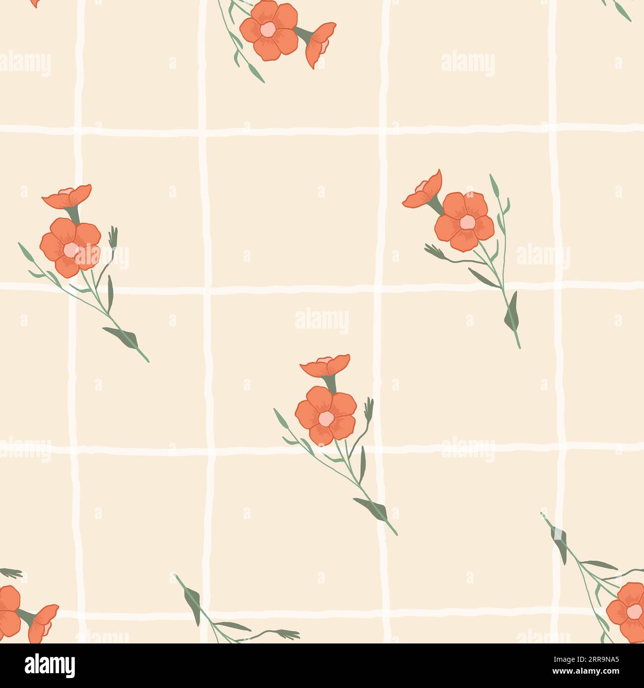 Karierte Tapete aus Cottagecore mit Karomuster und nahtlosem rotem Blumenmuster. Hand gezeichnete Doodle Blumen Cottagecore Chintz rustikaler botanischer Hintergrund Stock Vektor