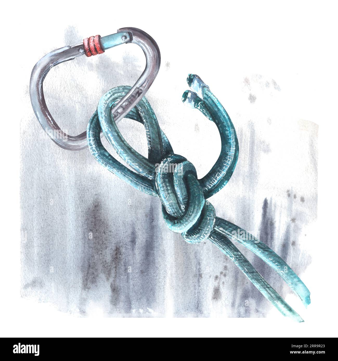 Karabinerseilknoten Aquarellbouldering Illustration isoliert auf grauem Aquarellhintergrund. Handgezeichnete Illustration Boulder-Geräte Stockfoto