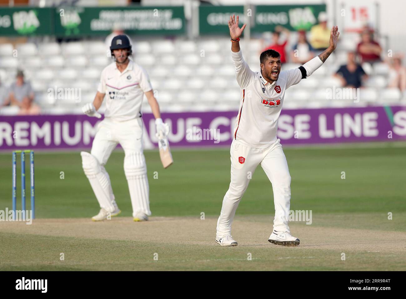 Umesh Yadav von Essex appelliert an Toby Roland-Jones während des Essex CCC gegen Middlesex CCC, LV Insurance County Championship Division 1 Cricke Stockfoto