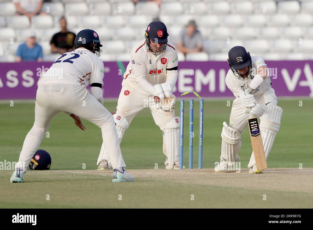 Ryan Higgins aus Middlesex wird von Matt Critchley während des Essex CCC gegen Middlesex CCC, LV Insurance County Championship Division 1 Cricket in Th ausgerottet Stockfoto