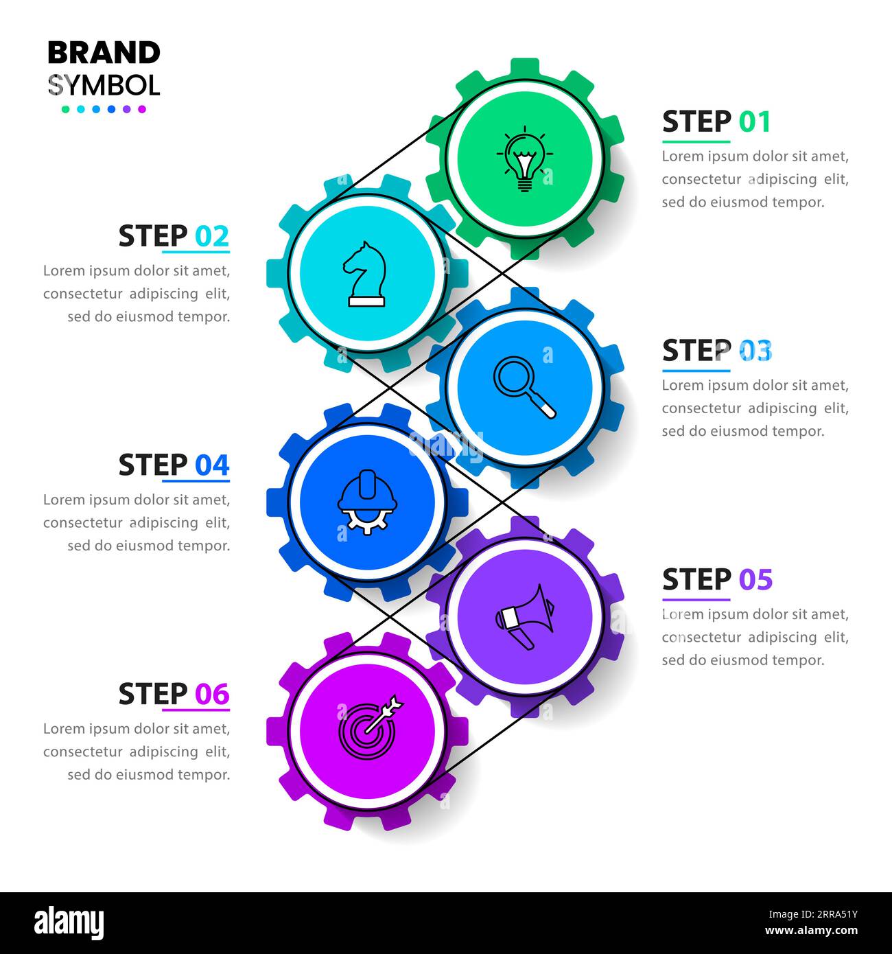 Infografik-Vorlage mit Symbolen und 6 Optionen oder Schritten. Zahnräder. Kann für Workflow-Layout, Diagramm, Banner, webdesign verwendet werden. Vektorgrafik Stock Vektor