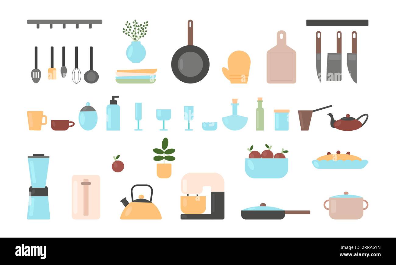 Küchenutensilien-Set. Kochutensilien, Geräte und Werkzeuge zum Kochen. Flache Vektorillustration im Cartoon-Stil isoliert auf weißem Hintergrund Stock Vektor
