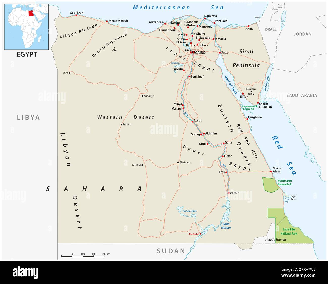Vektor-Straßenkarte der Arabischen Republik Ägypten Stockfoto
