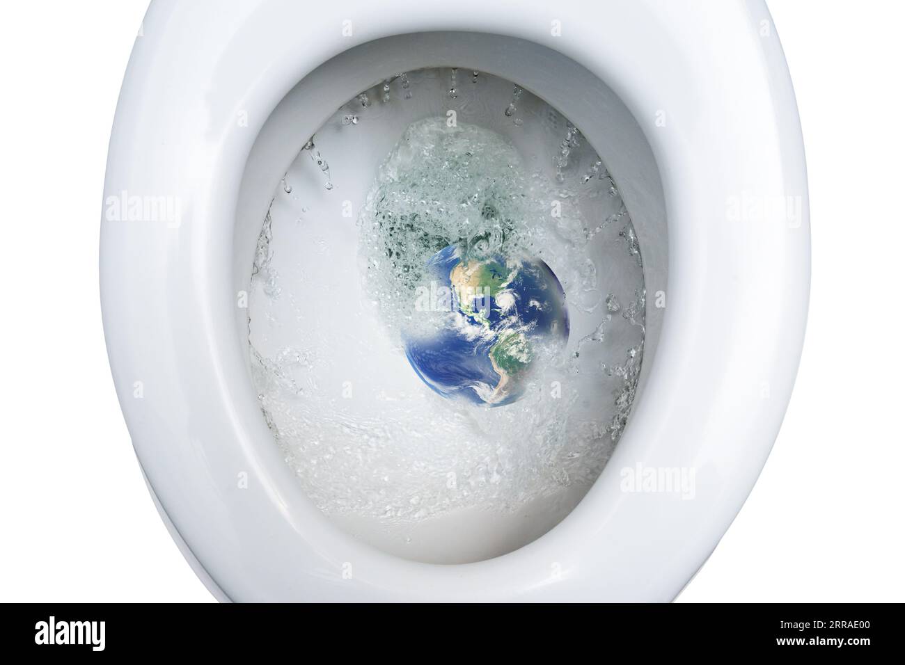 Planet Erde wird mit viel Trinkwasser in eine Toilettenschüssel gespült, Verschwendung von Umweltressourcen und Wassersparkonzept, Blick von oben, Kopie Spa Stockfoto