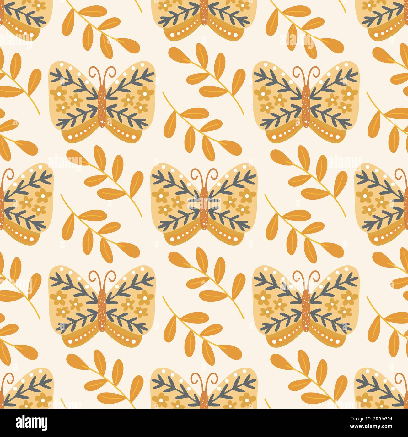 Boho-Hintergrund mit Schmetterlingsvektor-Illustration. Nahtloses botanisches Muster mit Motten und Laub. Herbst Natur Print für Textil, Tapete Stock Vektor
