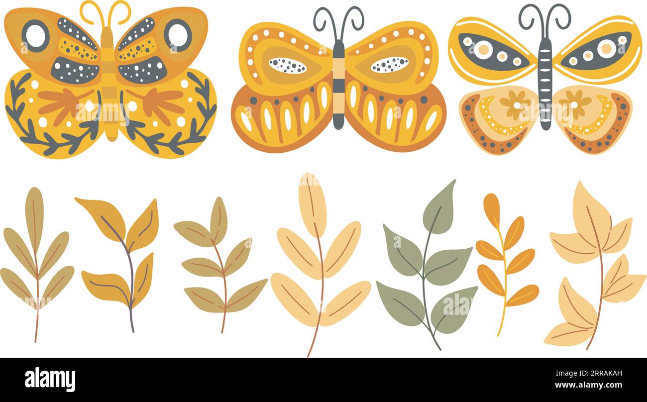 Handgezeichnetes Set aus Schmetterlingen und Blättern. Herbstmotten, Laub und Zweige, isolierte Clipkunst, Vektorillustration Stock Vektor