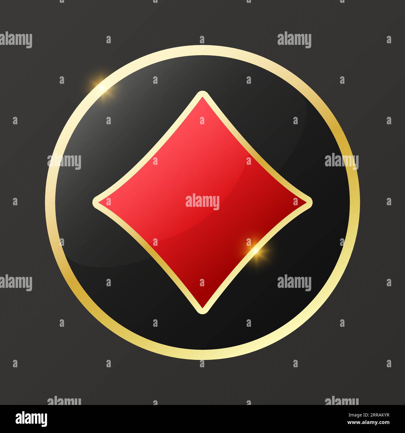 Symbol für Diamantenchip. Glänzendes Spielkartensymbol mit goldenem Rand. Vektor-Illustration Token-Chip. Schwarzer Hintergrund Stock Vektor