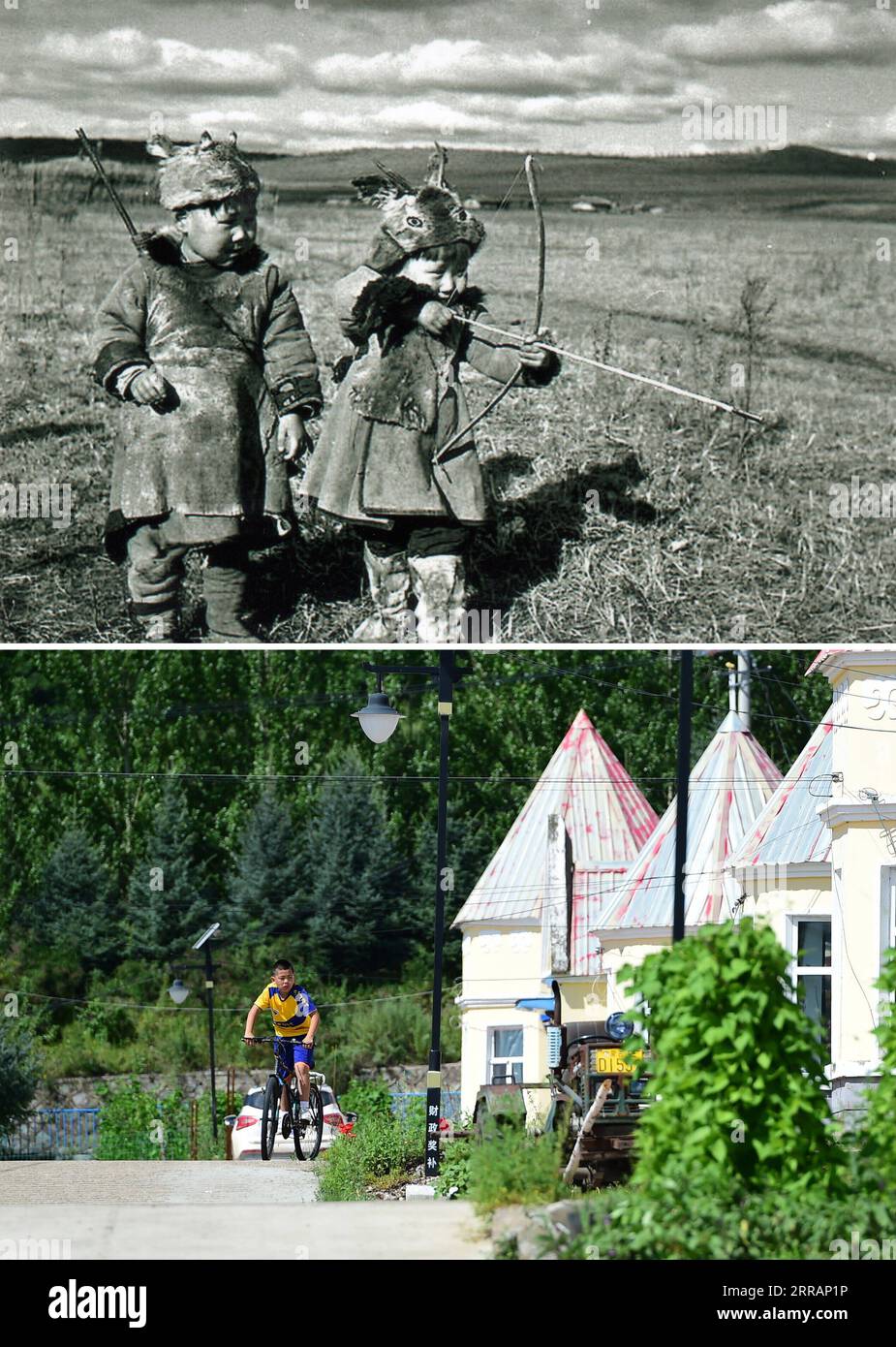 210811 -- HOHHOT, 11. August 2021 -- auf diesem Kombo-Foto zeigt der obere Teil, der von der Autorität der Autonomen Fahne von Oroqen, Nordchinas Autonome Region Innere Mongolei, bereitgestellt wird, zwei Oroqen-Kinder, die ein Bogenschießspiel spielen, und der untere Teil, der am 6. August aufgenommen wurde, 2021 zeigt einen Jungen, der im Dorf Duobukur mit dem Fahrrad radelt, um Menschen in der Gemeinde Dayangshu zu jagen. Oroqen, die als letzte ethnische Minderheit Chinas bezeichnet wird, ist eine der kleinsten ethnischen Gruppen in China. Sie lebten ein nomadisches Leben, jagten in den Wäldern. Nach der Gründung des Oroqen Autonomous Banner im Jahr 1951 wurde die Stockfoto