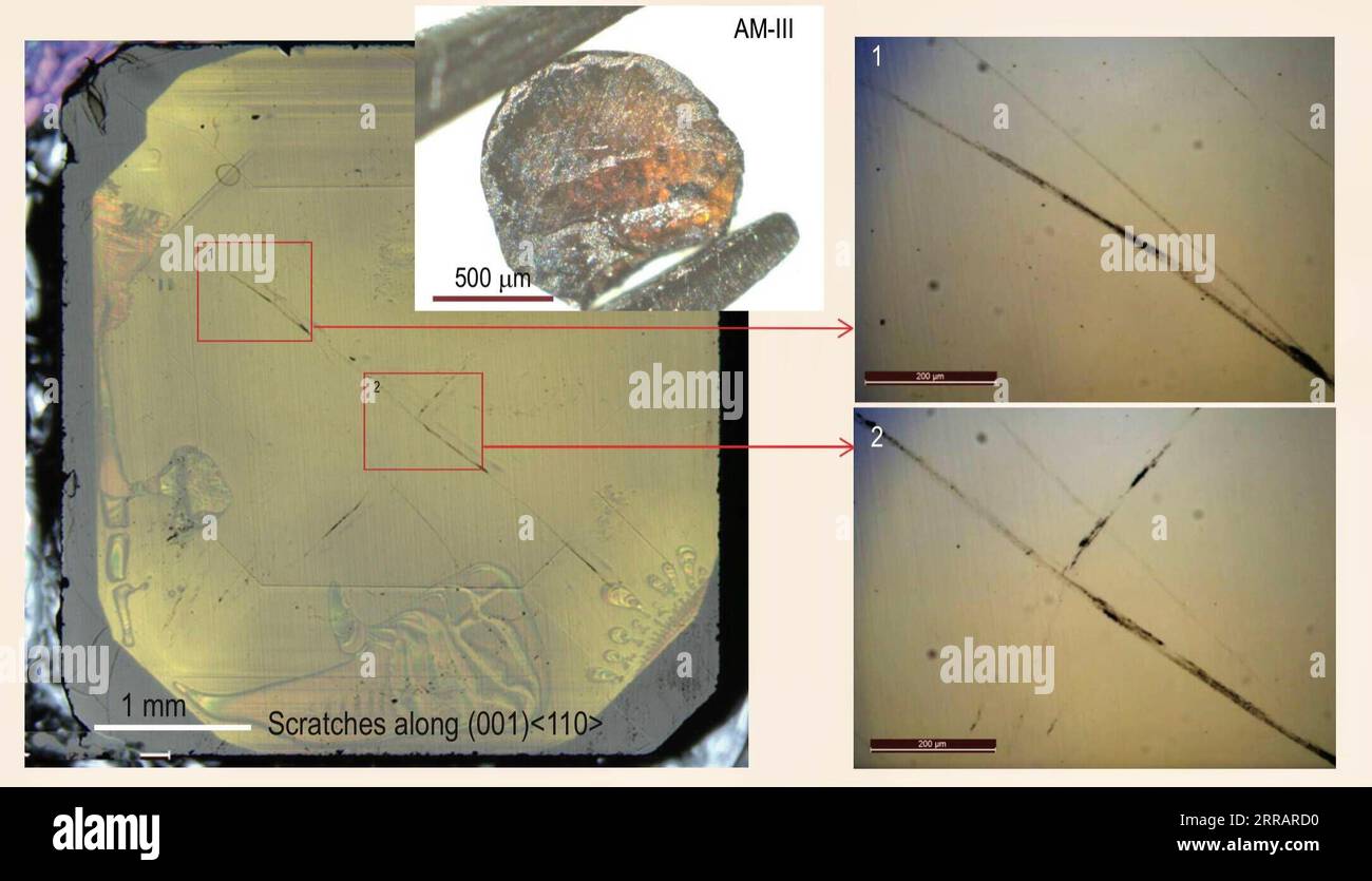 210814 -- SHIJIAZHUANG, 14. August 2021 -- das Foto zeigt Kratzer auf dem Diamanten, die durch AM-III verursacht wurden, ein neues Material in einem glasigen Zustand. Forscher haben ein neues Material in einem glasartigen Zustand synthetisiert, das Kratzer auf Diamanten verursachen kann, sagte ein nationales Schlüssellabor in der Yanshan Universität, nordchinesische Provinz Hebei, am Samstag. Der neu entwickelte zähe Werkstoff AM-III wurde unter hohen Temperaturen und Drücken mit C60-Fulleren gewonnen, der so hart wie Diamant ist, wie er eine Härte von 113 GPA im Vickers-Härtetest aufweist. Es sei bisher das stärkste und härteste amorphe Material der Welt, sagte der Stockfoto