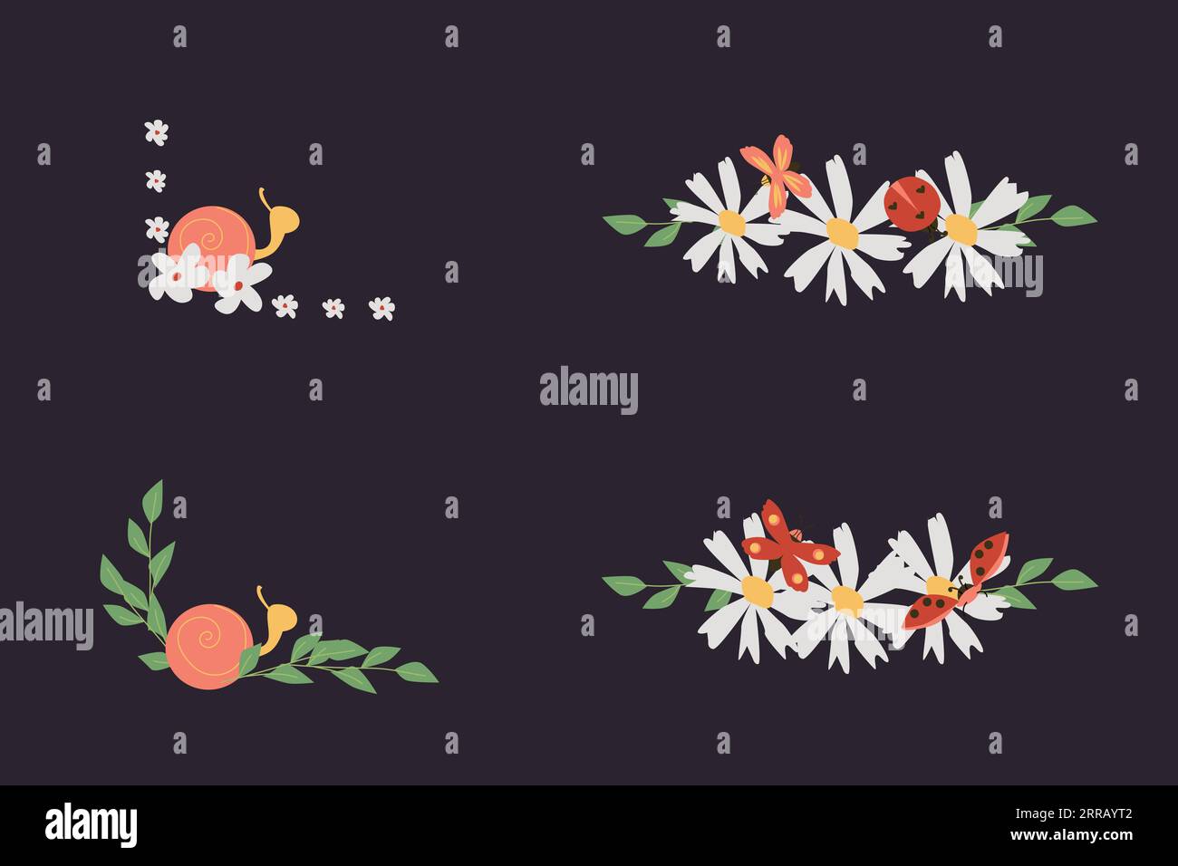 Set mit Blumenrändern mit niedlichen Tieren und Insekten Stock Vektor