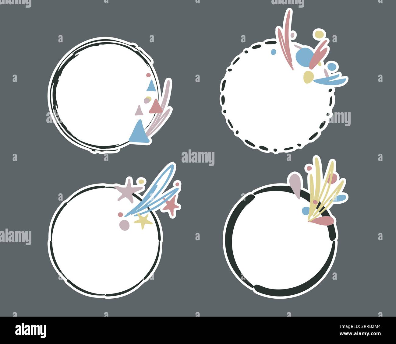Festliche Rahmen, Rahmenaufkleber. Von Hand gezeichnete Pinselstriche, bunte Farbpalette. Geometrische Form des Kränzes. Leerer Rahmen, weiß Stock Vektor