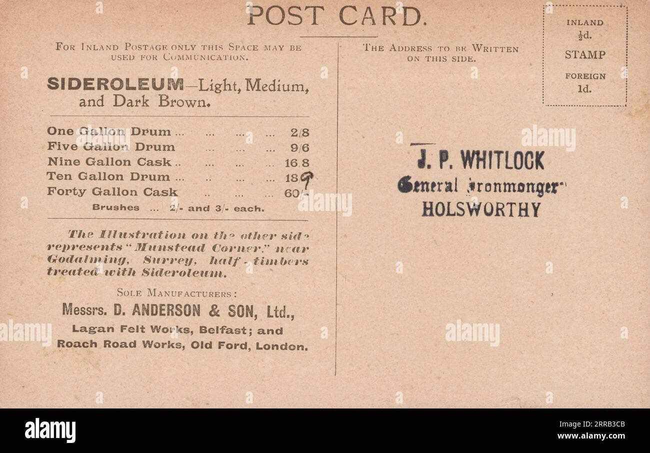 Sideroleum-Werbung auf der Rückseite einer alten Postkarte, ca. 1900-1910 Stockfoto