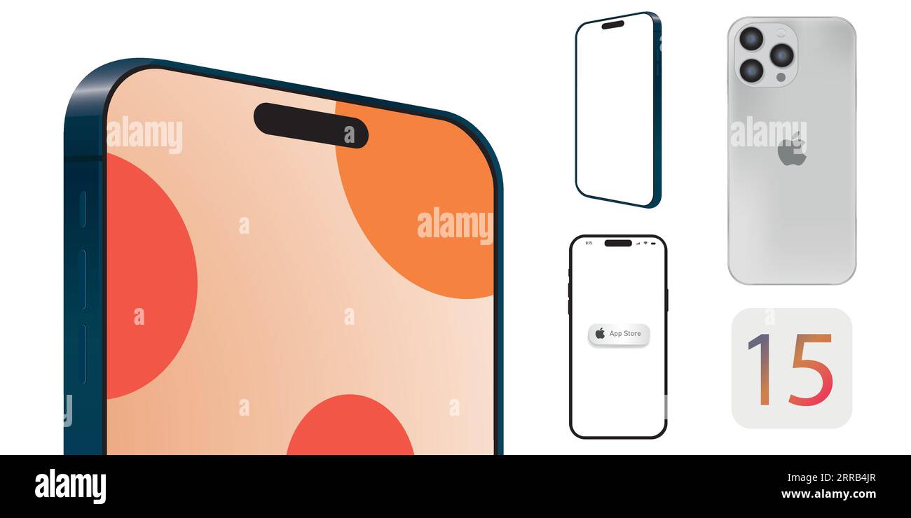 Neu veröffentlichtes iPhone 15 Mockup-Set mit verschiedenen Winkeln Stock Vektor