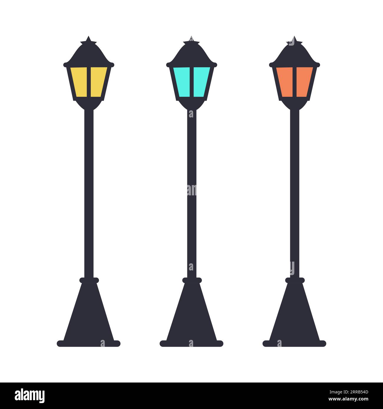 Retro-Vintage-Straßenlaternen, Straßenlaternen und Lampenpfosten flache Vektor-Illustration Stock Vektor