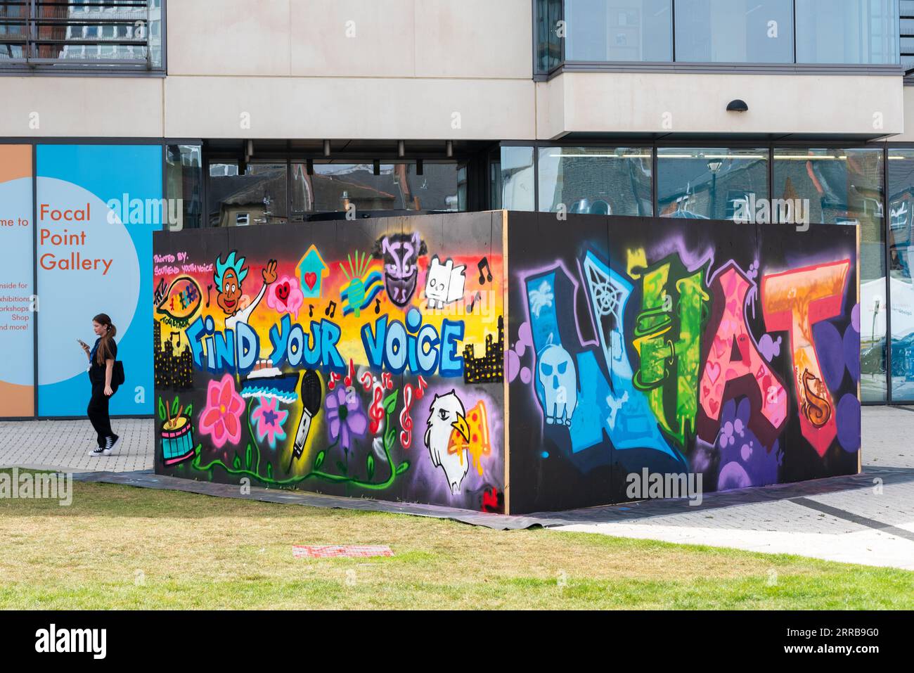 Teil der Graffiti-Kunstveranstaltung Southend City Jam am on Sea, Essex, UK. Finden Sie Ihren Slogan vor der Focal Point Gallery Stockfoto