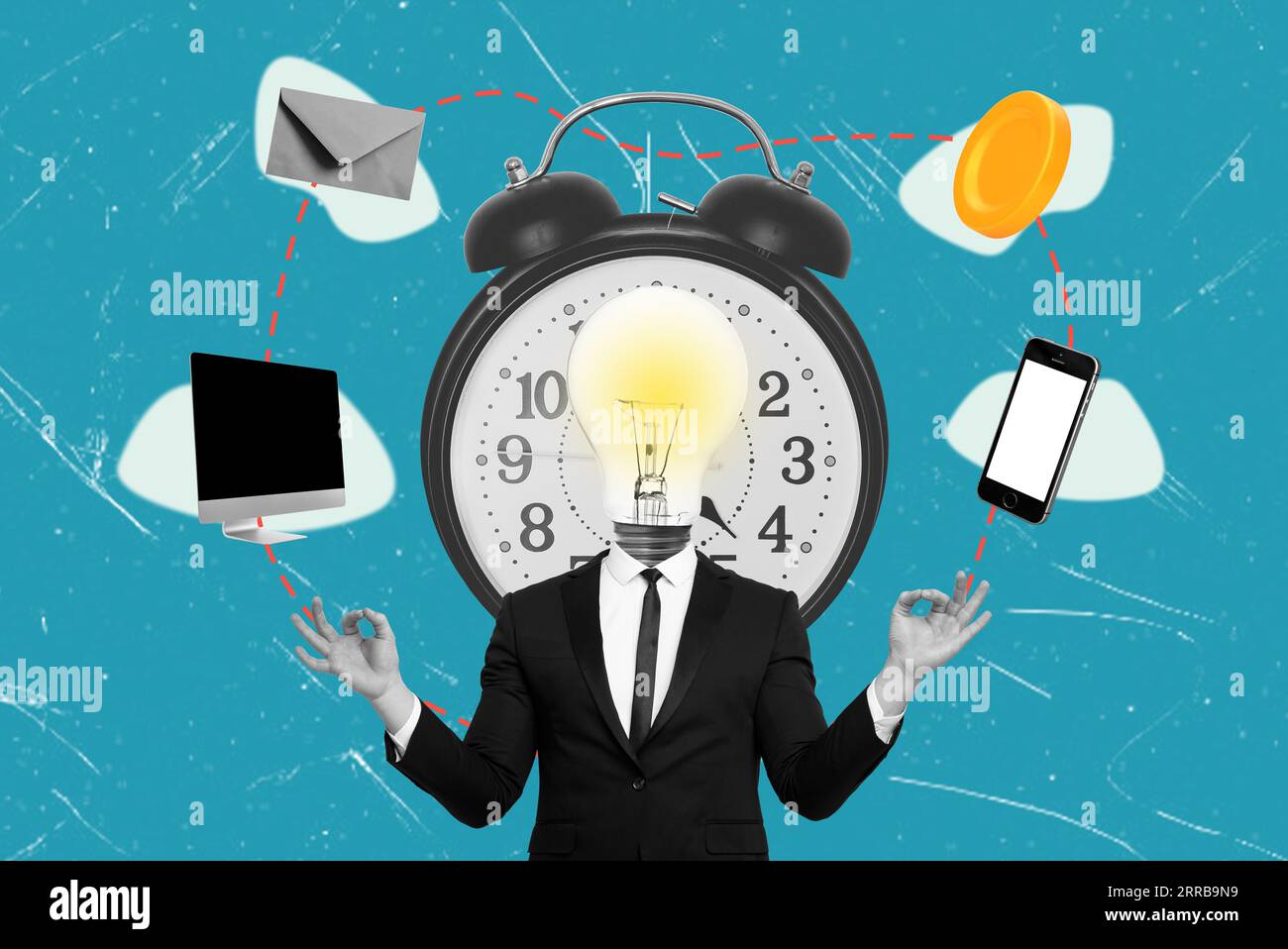 Collage zeitgenössischer Kunst. Konzeptionelles Design mit Geschäftsmann, Wecker hinter dem Rücken symbolisiert Zeit für Arbeit. Unternehmenskonzept, Karriereentwicklung Stockfoto