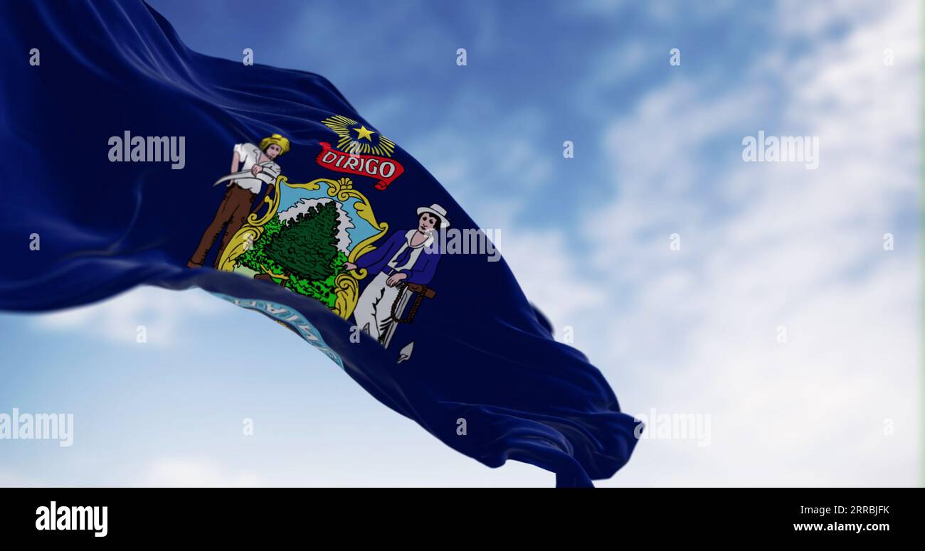 Die Flagge des Bundesstaates Maine weht an einem klaren Tag. Wappen auf blauem Feld mit Elch, Farmer, Seemann und Nordstern. Motto: Dirigo. 3D-Illustration rendern Stockfoto