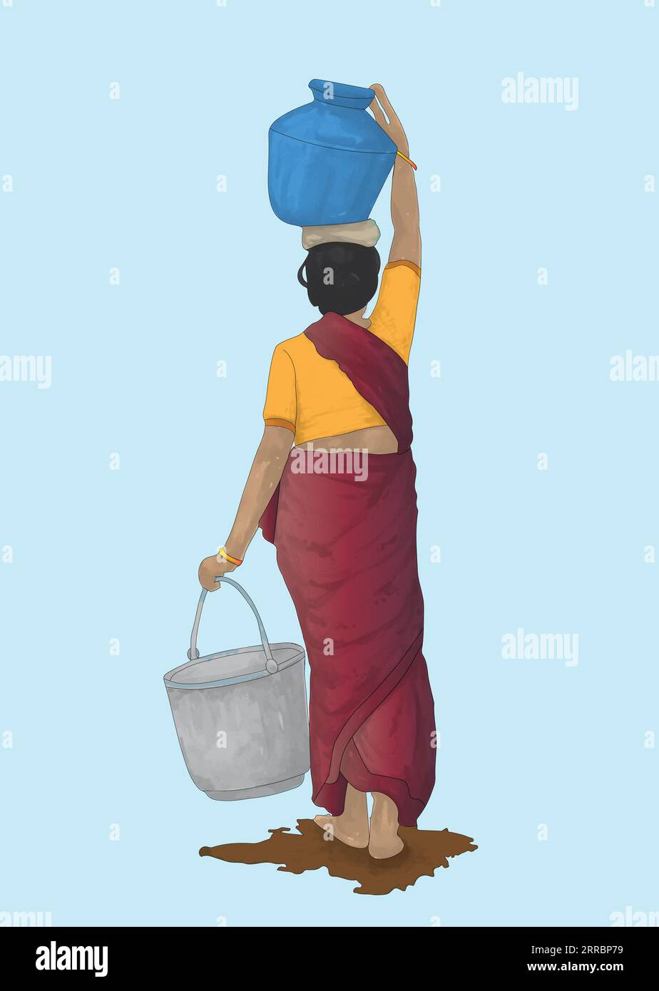 Arme indische alte Frauen tragen Saree und tragen Wassertopf und Eimer Stock Vektor