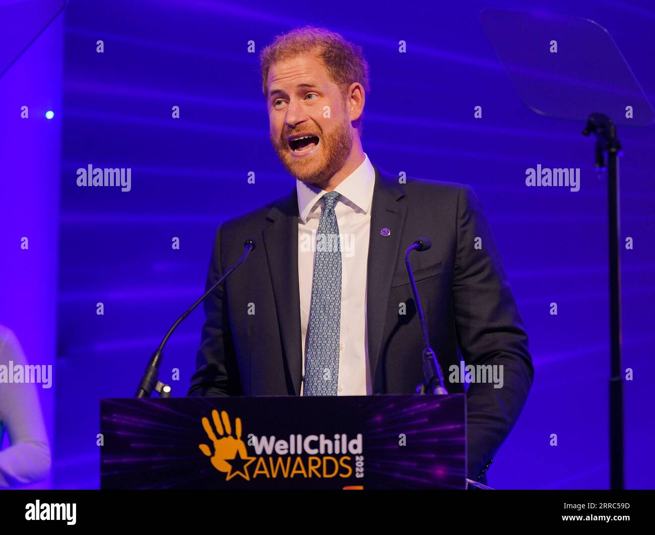 Der Duke of Sussex hält eine Rede während der jährlichen WellChild Awards 2023 im Hurlingham Club in London. Bilddatum: Donnerstag, 7. September 2023. Stockfoto