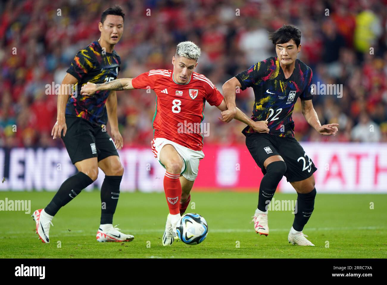 Wales' Harry Wilson wird von Südkoreas Seol Young-woo (rechts) während des Freundschaftsspiels im Cardiff City Stadium in Cardiff angegriffen. Bilddatum: Donnerstag, 7. September 2023. Stockfoto