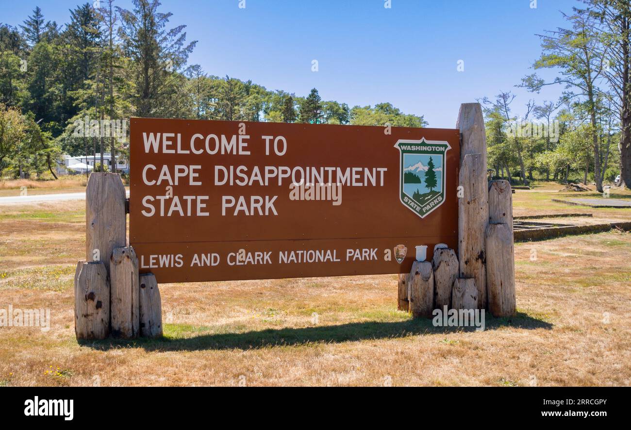 ILLWACO, WASHINGTON, USA - Schild zum Cape Disappointment State Park. Stockfoto