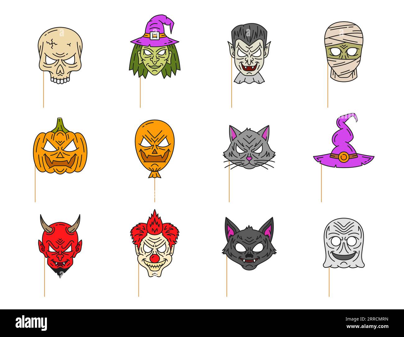 Line Art halloween Fotokabine Maskenrequisiten. Isolierter Vektorlinearschädel, Hexe, Vampir und Mumie. Kürbisgesicht, Jack Laterne Ballon, schwarze Katze und Zauberer Hut. Teufel, finsterer Clown, Werwolf, Geist Stock Vektor