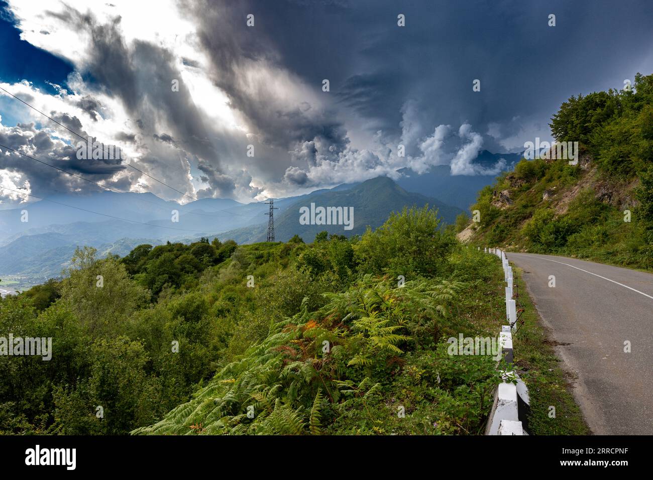 Bergstraße mit Gras und Bäumen kurz vor Gewitter Stockfoto