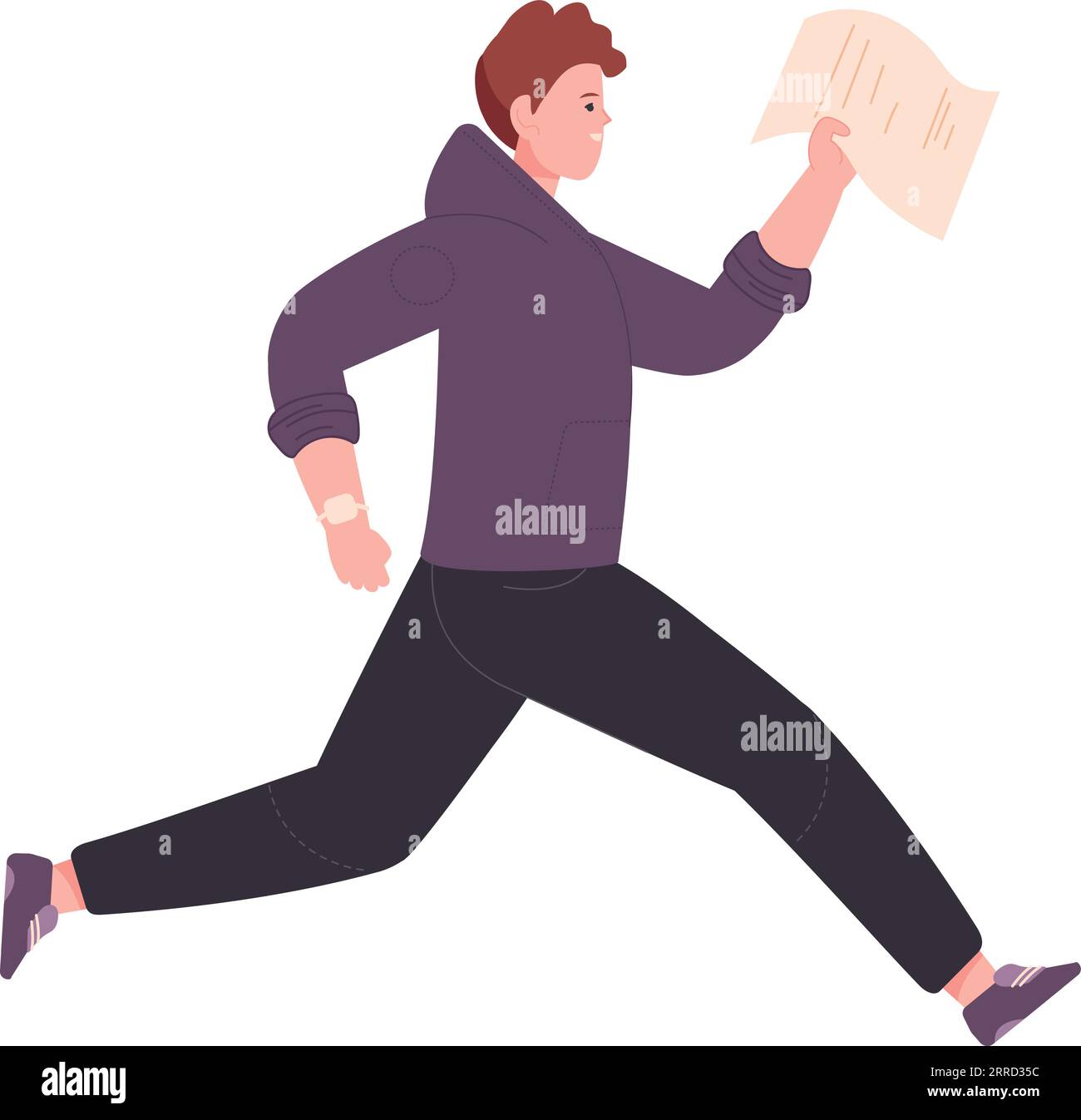Junger Mann, der mit einem Papierdokument rennt. Arbeitsanstrengung isoliert auf weißem Hintergrund Stock Vektor