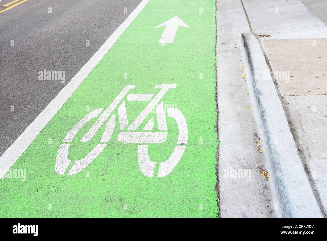 Leere grüne Fahrradstraße entlang einer Straße in einem Stadtteil in der Innenstadt Stockfoto