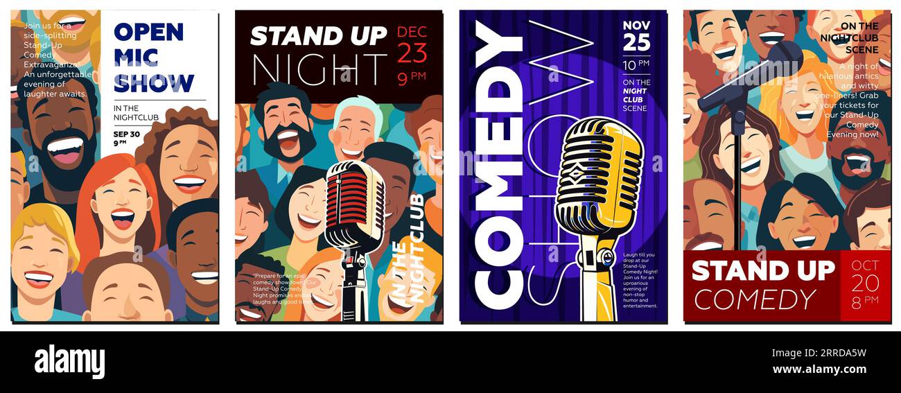 Stand-up-Comedy-Show-Poster-Set. Offene MIC Night Placard Template Collection. Retro-Mikrofon mit lachenden Menschen auf buntem Druck. Werbebanner für Typografie. Vektor-EPS-Illustration Stock Vektor