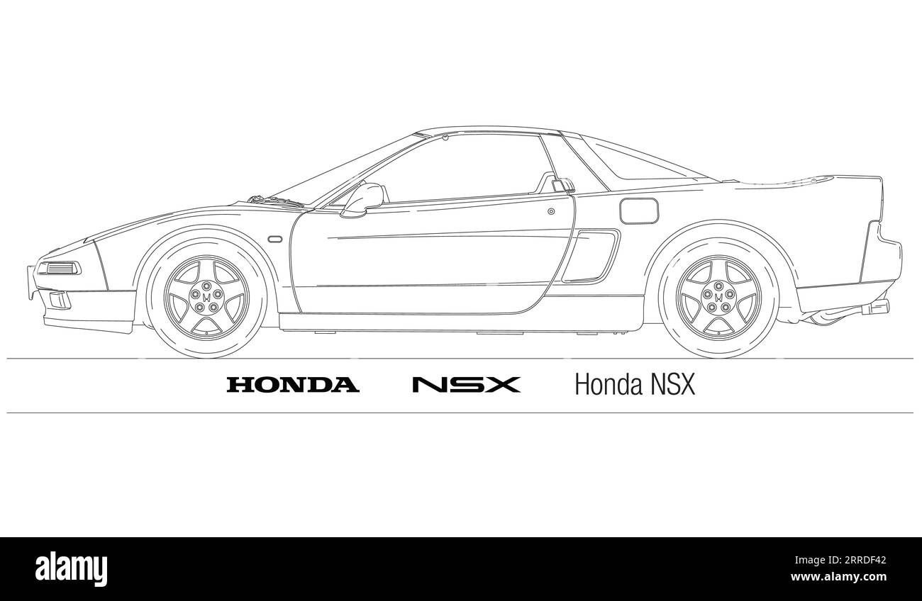 Japan, Jahr 1990, Honda NSX Sportwagen Silhouette umrissen auf weißem Hintergrund, Vintage Colassic Auto, Illustration Stockfoto