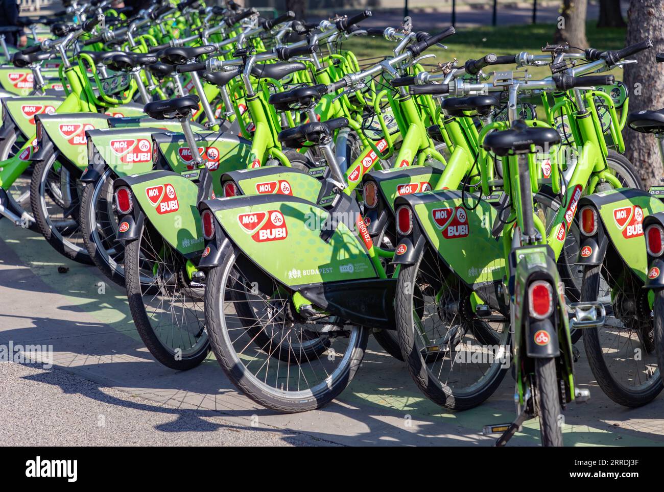 Ein Bild von mehreren MOL Bubi Bikes in Budapest. Stockfoto