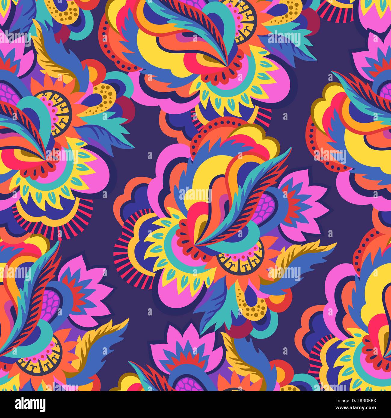 Leuchtendes, nahtloses psychedelisches Muster mit abstrakten, farbenfrohen Elementen. Stock Vektor