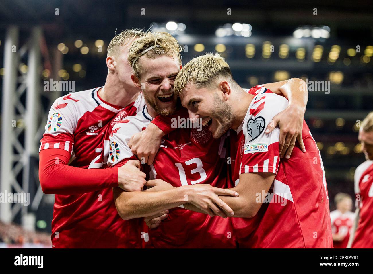 Kopenhagen, Dänemark. September 2023. Morten Hjulmand (13) von Dänemark trifft für 4-0, aber das Tor ist nach der Überprüfung durch den VAR während des Qualifikationsspiels zur UEFA Euro 2024 zwischen Dänemark und San Marino in Parken in Kopenhagen nicht erlaubt. (Foto: Gonzales Photo/Alamy Live News Stockfoto