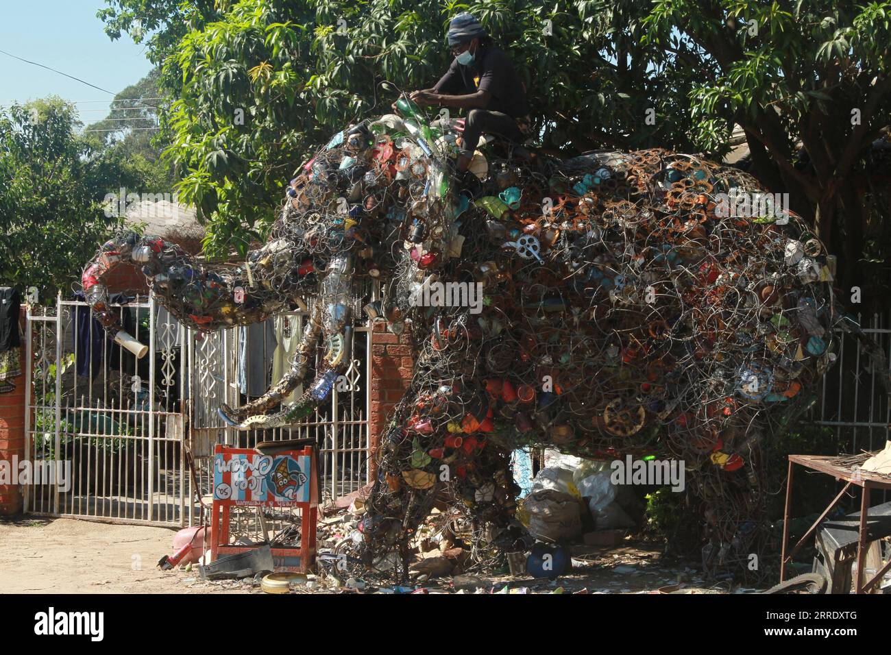 220112 -- CHITUNGWIZA, 12. Januar 2022 -- Johnson Zuze, ein Mixed-Media-Künstler, arbeitet am 29. Dezember 2021 an seinem neuesten Kunstwerk aus recycelten Materialien in Chitungwiza, Simbabwe. ZUM Spiel: Der simbabwische Künstler macht künstlerische Aussagen aus dem Müll. ZIMBABWE-CHITUNGWIZA-ART-RECYCLINGMATERIALIEN TafaraxMugwara PUBLICATIONxNOTxINxCHN Stockfoto