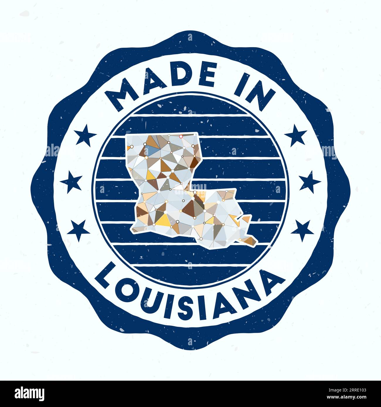 Hergestellt In Louisiana. Runder Stempel des US-Bundesstaates. Siegel aus Louisiana mit Randform. Vintage-Abzeichen mit kreisförmigem Text und Sternen. Vektorabbildung. Stock Vektor