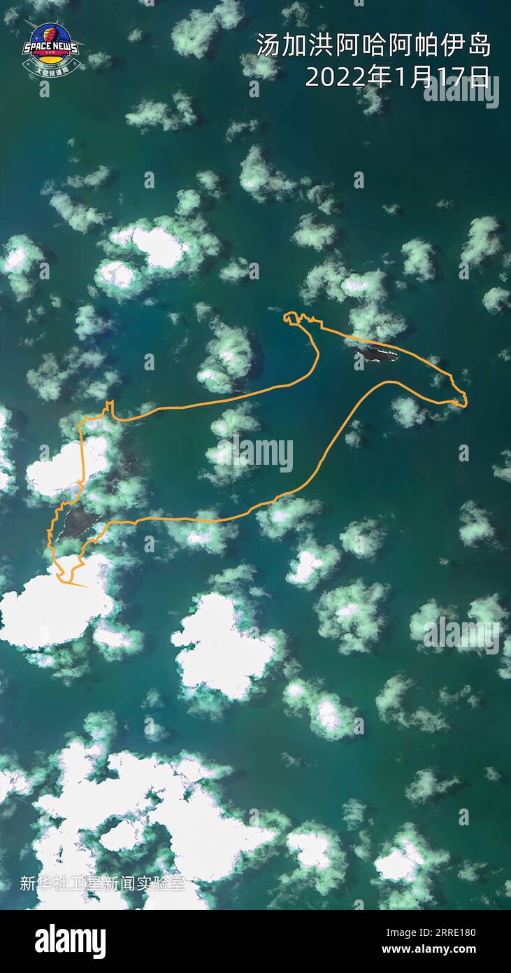 220118 -- PEKING, 18. Januar 2022 -- Ein Satellitenbild zeigt Tongas Hunga Ha Apai Insel nach einem heftigen Ausbruch eines Vulkans am 17. Januar 2022. /Handout über Xinhua TONGA-VULKAN ERUPTION-SATELLITEN-BILDER Xinhua sxSpacexNewsxLab PUBLICATIONxNOTxINxCHN Stockfoto