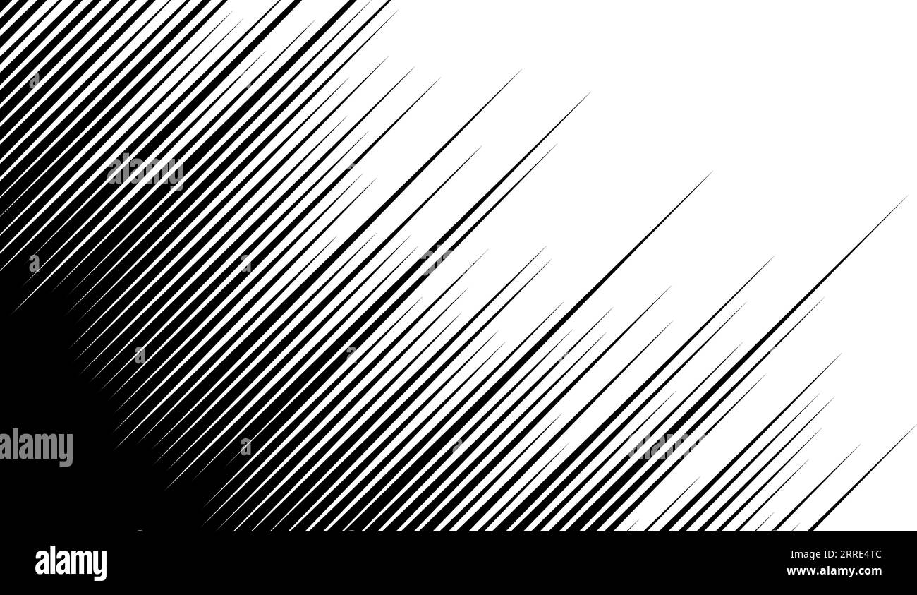 Linienmuster für gerade Geschwindigkeit. Schwarz-weiß-diagonale Streifen mit Farbverlauf. Abstrakte Textur mit schnellem Effekt. Comic- oder Cartoon-Buch Rays and Beams Tapete. Vektorhintergrund Stock Vektor