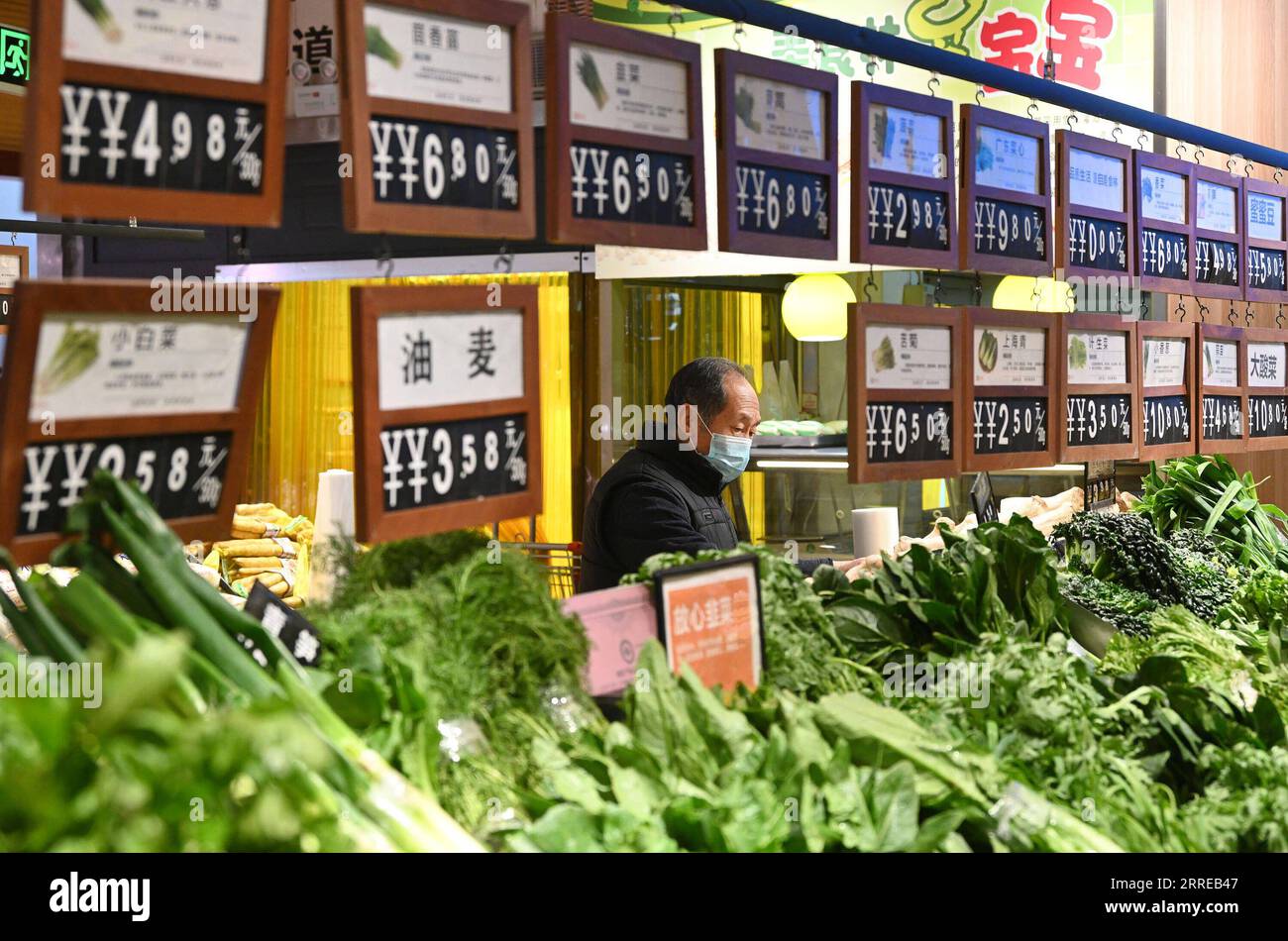 220216 -- HANDAN, 16. Februar 2022 -- Ein Kunde kauft Gemüse in einem Supermarkt in Handan, nordchinesische Provinz Hebei, 16. Februar 2022. Chinas Inflation wurde im Januar weiter gedämpft, da die Lebensmittelpreise rückläufig waren, während Preisrückgänge in den Kohle- und Stahlsektoren die Inflation am Werkstor zu einer gemäßigten Inflation führten, wie offizielle Daten am Mittwoch zeigten. Der Verbraucherpreisindex VPI, ein Hauptindikator für die Inflation, stieg im Januar gegenüber dem Vorjahr um 0,9 Prozent, nach dem Anstieg um 1,5 Prozent vor einem Monat, wie Daten des National Bureau of Statistics NBS zeigten. Foto von /Xinhua CHINA-JANUARY-CPI CN HaoxQunying PUBLICATIO Stockfoto